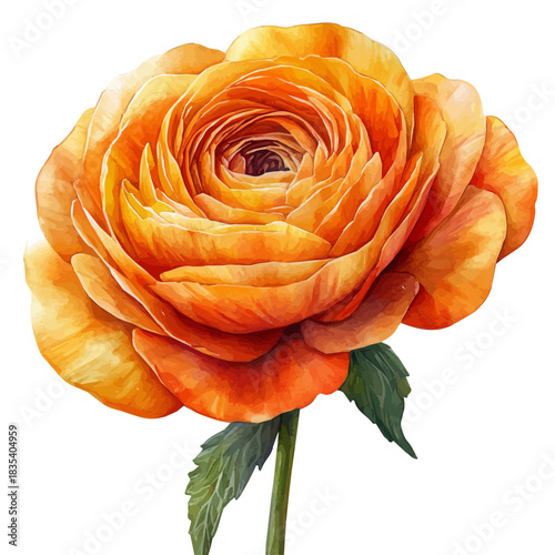 Ranunculus Flower, watercolor illustration featuring soft shadows and luminous, isolated on a white background.