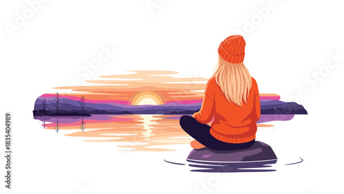 Blonde woman in orange sweater meditates peacefully watching a vibrant sunset over calm lake waters