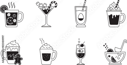 A collection of black and white illustrations of various drinks and beverages.