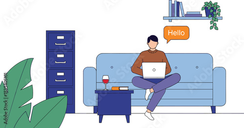 Flat vector illustration of a man sitting cross-legged on a couch working on a laptop in a cozy home office, symbolizing remote work, online consulting, and relaxed communication