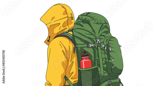 Determined hiker wearing bright yellow waterproof coat and carrying large green trekking backpack ready for adventure