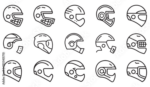 Thin-line equipment icons showing different helmet shapes for athletic protection and safety concepts