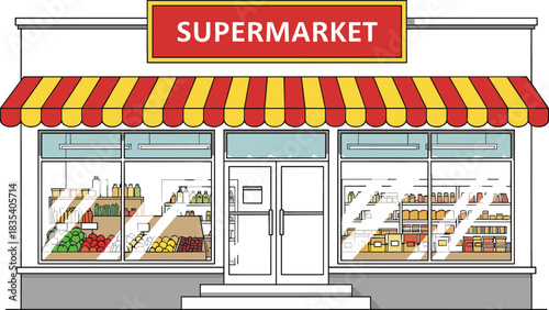 Line art outline drawing of a supermarket or grocery store exterior storefront with a striped awning and large display windows, symbolizing retail business, shopping, and consumerism