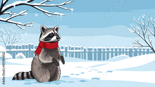 Raccoon wearing red scarf standing in snowy landscape with trees  