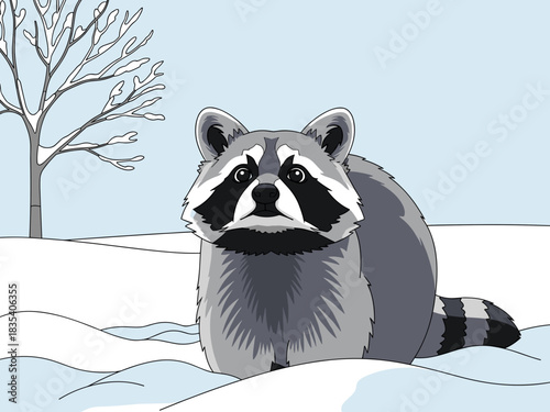 Raccoon standing in snow with bare tree in winter landscape  