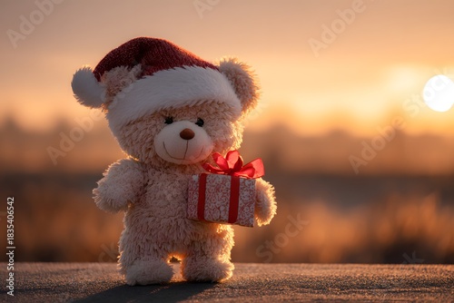 Festive Holiday Bear — Christmas Teddy Wearing Santa Hat in Warm Cozy Christmas Setup teddy bear with christmas gift