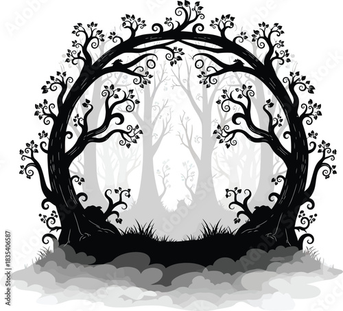 Mysterious enchanted forest arch silhouette with foggy landscape