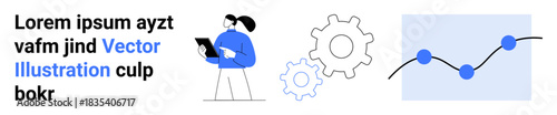 Data analysis, workflow automation, technology integration, business operations, productivity, and innovation. Person holding a tablet, gears and a graph connecting points. Data analysis