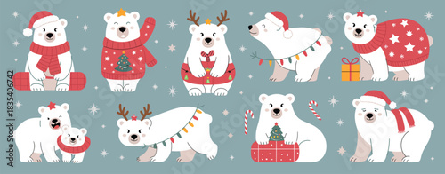Cute Polar Bear Characters in Winter Clothing Featuring Merry Christmas Outfits and Happy Mom and Baby Designs Illustrated in Fun Cartoon Flat Style as an Isolated Festive Vector