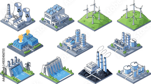 Set of twelve isometric illustrations depicting various energy production and power plants, including nuclear, solar, wind turbines, coal, and hydroelectric dams, symbolizing industrial technology and