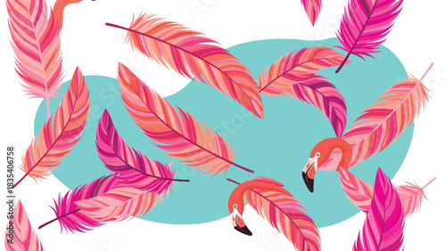 Vibrant tropical seamless pattern featuring stunning pink flamingo feathers floating over bright teal accents