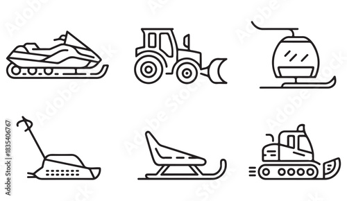 Minimal outline icons of snow transport including sleds, motor snow machines, and ski lift cabins.