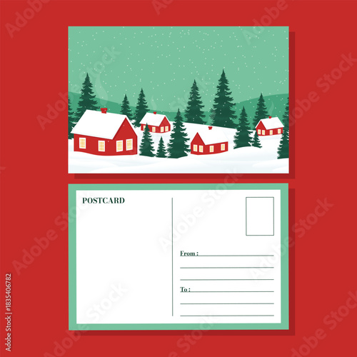 Cozy Winter Landscape Postcard Template Christmas Snow Forest House