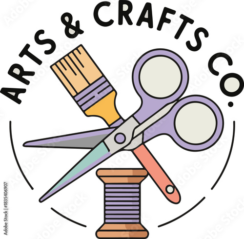 Arts and crafts company logo with scissors paintbrush and thread spool