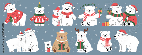 Cute Polar Bear Characters in Winter Clothing Featuring Merry Christmas Outfits and Happy Mom and Baby Designs Illustrated in Fun Cartoon Flat Style as an Isolated Festive Vector