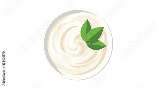 Elegant swirl of creamy yogurt or sour cream garnished with fresh green mint leaves for healthy recipes