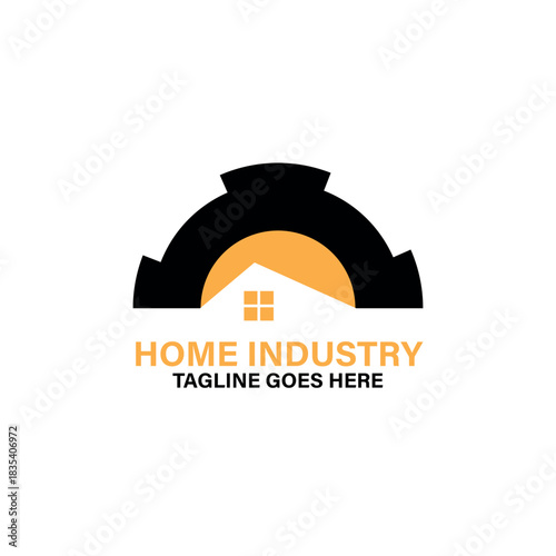 Home Industry Logo Design Concept Gear-Shaped Structure with House and Text for Industrial Brands