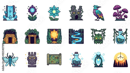 Collection of stylized game asset icons featuring nature, magic, and fantasy elements