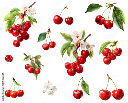 Watercolor painting of a Cherry fruit set isolated on white background. Cut out PNG illustration on transparent background. 