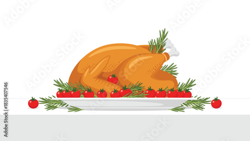 Delicious roasted turkey centerpiece garnished with vibrant cherry tomatoes and fresh rosemary for holiday feasts