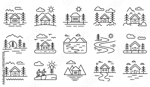 Mountain cabin and outdoor landscape line icons with lakes, trees, rivers, and hikers for scenic travel and adventure illustrations.