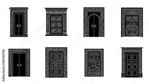 A series of intricately designed antique doors showcasing architectural artistry and craftsmanship