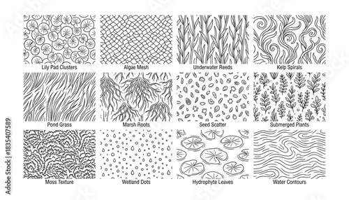 Collection of Twelve Diverse Seamless Aquatic Plant Pattern Variations