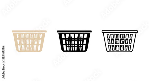 Minimalist illustration of three sets of laundry basket silhouettes, Symbolizing neat home living, flat vector design.