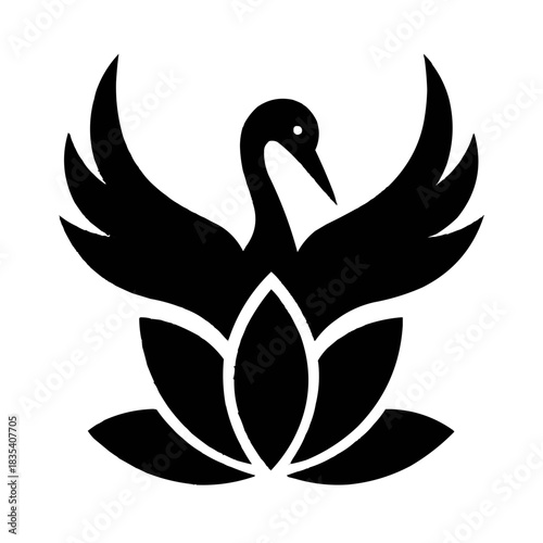 Vector black and white swan tattoo design silhouette set illustration with floral leaf and water elements