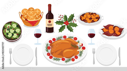 Elegant holiday dinner setting featuring roast turkey, wine, fresh salad, and festive holly decorations