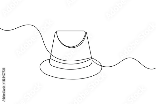 Continuous line art drawing of a classic fedora hat illustration