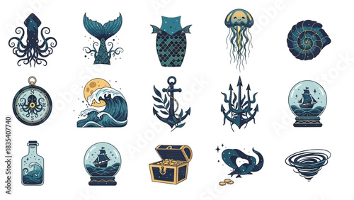 Collection of nautical and mythical sea creature themed vector illustrations design