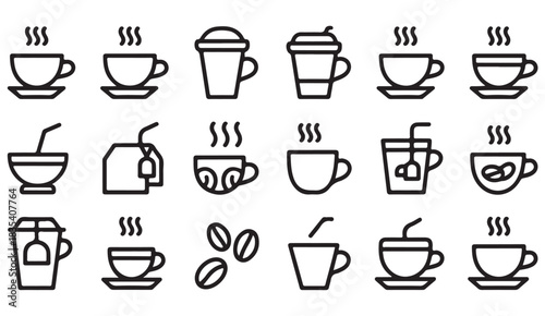 Set of café-themed drink icons with cups, beans, takeaway coffee, and tea accessories in simple line style.