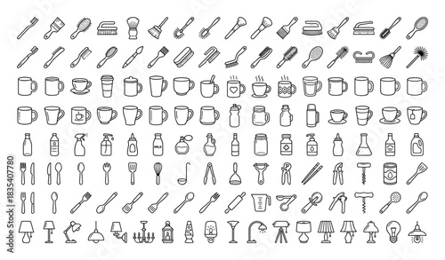 Detailed Line Art Collection of Everyday Household Object Icons