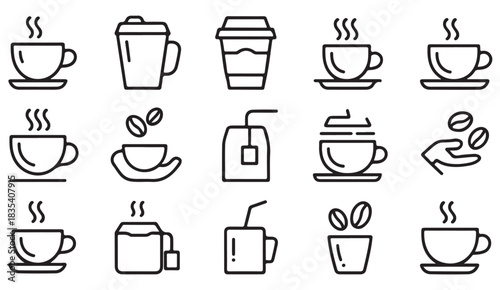 Vector line art beverage icons featuring coffee steam, tea infusions, pour actions, and café drink symbols.
