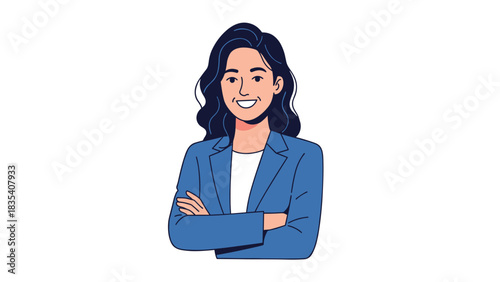 Confident professional businesswoman with crossed arms radiates success and approachability in modern corporate settings