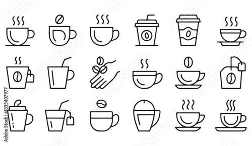 Minimal line icons of hot drinks including mugs, cups, tea bags, to-go coffee, and barista elements for menu design.
