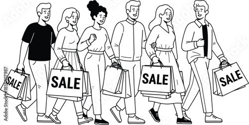 Shopping sale retail discount consumerism bags people crowd promotion marketing offer