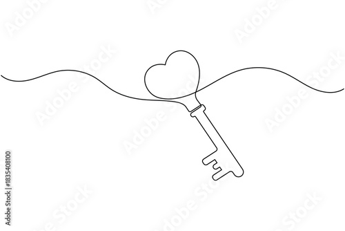 Key with heart, continuous line vector art. love, unlock, solution.