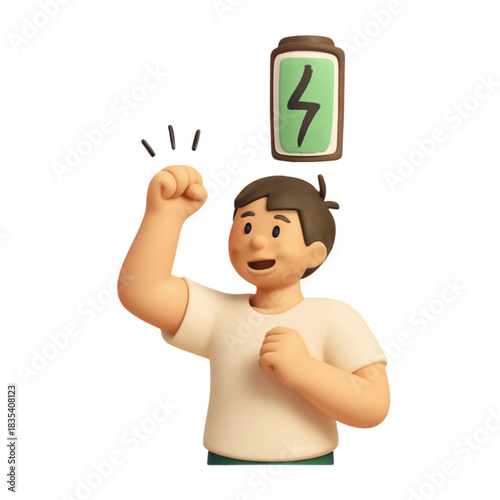 Smiling person with arm raised and green battery icon, Feeling energized or enthusiastic