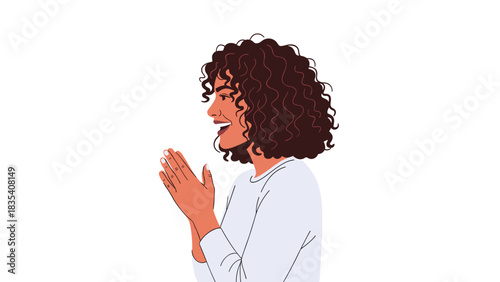 Joyful woman with vibrant curly hair enthusiastically applauding a successful presentation or achievement