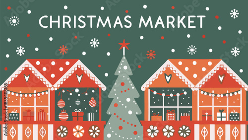 Charming Christmas market scene with festive stalls, gifts and a decorated Christmas tree