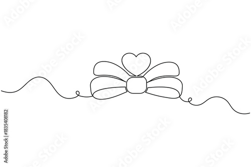 Continuous line art of an elegant gift bow with a heart design