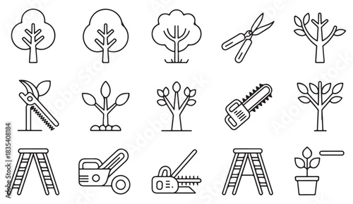 Illustrated outline icons of tree shaping, garden tools, potted plants, and horticultural equipment.