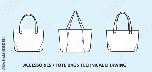 Editable Line Art Vector of Shopping Tote Bag Showing Detailed Black and White Clothing Schematics With Front and Back Designs Illustrated on an Isolated Background for Fashion Projects