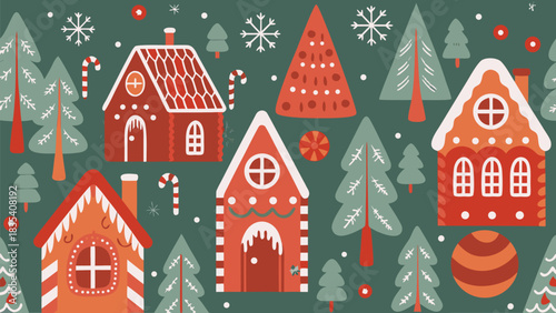 Charming Christmas gingerbread house village seamless pattern for festive holiday designs and cheerful seasonal celebrations