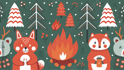 Charming winter woodland scene with cute animals gathering around a warm glowing campfire