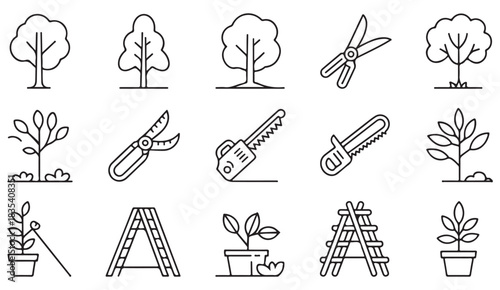 Vector line art of pruning equipment, trees, plants, and ladder elements for landscaping and plant care designs.
