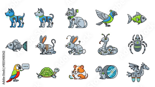 Collection of cartoon robotic animal characters with a mix of modern and futuristic designs