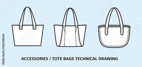 Editable Line Art Vector of Shopping Tote Bag Showing Detailed Black and White Clothing Schematics With Front and Back Designs Illustrated on an Isolated Background for Fashion Projects